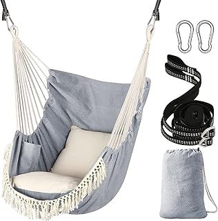 Chihee Hammock Chair Hanging Swing 2 Seat Cushions Included,Strong Webbing Straps and Hooks for Easy Hanging Soft Cotton Weave Hanging Chair Side Pocket Large Tassel Chair Set Comfort Indoor Outdoor