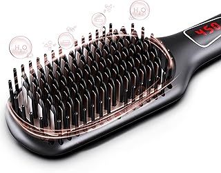MEGAWISE Pro 2023 Ionic Hair Straightener Brush w. Ceramic coated Teeth for Home Salon Flat Iron Hot Brush | MCH Fast 20s Heating Tech W. Anti-Scald & Auto-Off Safety, Dual Voltage | Rotatable Cord