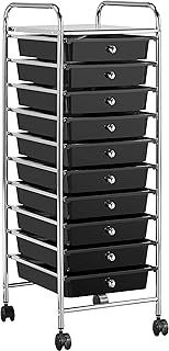 Yaheetech 10 Drawers Plastic Storage Cart, Multipurpose Mobile Organizer Unit with 4 Lockable Wheels, Utility Rolling Trolley for Home Office School Salon & Beauty, Black