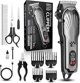 Dog Clippers Professional for Thick Hair, Pet Clippers for Dogs Cordless LED Display Low Noise Rechargeable Dog Trimmer with Grooming Nail Kits
