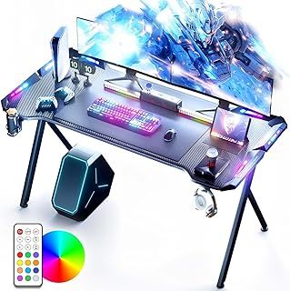 Gaming Desk with LED Lights, RGB Gaming Computer Desk, Gaming Table with Carbon Fibre Surface, LED Home Office Desk with Remote Control, PC Workstation with Cup Holder and Headphone Hook, Black