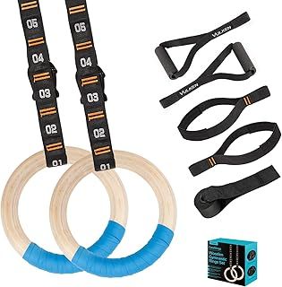 Vulken 28/32mm Wooden Gymnastic Rings with Adjustable Numbered Straps.Olympic Rings for Core Workout and Bodyweight Training. Home Gym Rings with Workout Handles