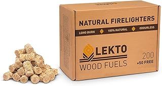 Lekto Woodfuels Natural Firelighters - Box of 200 + 50 Free, for Wood Burners, Fire Pits, BBQs, Chiminea & Camping | Eco Friendly Kindling Starters | Up to 10 Minute Burn | Compressed Wood Wool