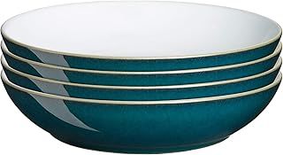 Denby - Greenwich Pasta Bowls Set of 4 - Dishwasher, Oven, Microwave, And Freezer Safe, 1050ml, 22cm - Green, White Ceramic Stoneware Tableware - Chip & Crack Resistant