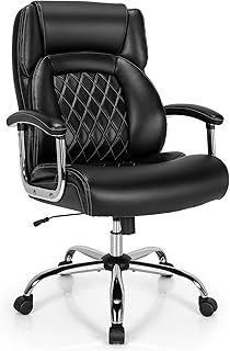 COSTWAY 300/330/400/500LBS Big & Tall Executive Office Chair, Height Adjustable Leather Computer Desk Chair with Rocking Backrest & Arms, Home Office Ergonomic Swivel Task Chair（500LBS, Black+Silver）