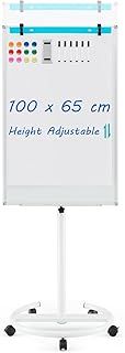 COSTWAY Flip Chart Mobile Whiteboard, 100x65cm Height Adjustable Dry Erase Board with Stand, Paper Clips, Magnets, Markers and Eraser, Standing Magnetic Whiteboard for Home Office School (White)