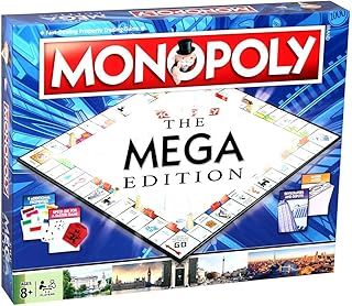 Winning Moves Mega Monopoly, an upgrade on the classic game board with 12 extra spaces including Downing Street, Saville Row and Knightsbridge, Invest in Skyscrapers, for ages 8 plus