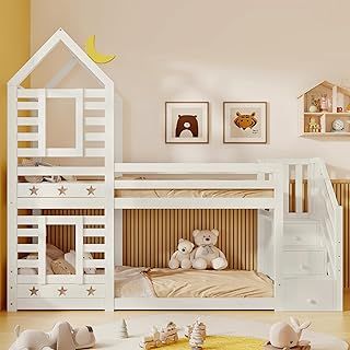 Bunk Bed for Kids, Bunk Bed with Storage, Children Cabin Bed Single Bed with Window for Kids, Twin Sleeper 190x90 cm, Solid Pine Wood, 3FT -White