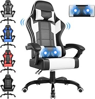 Airfish Massage Gaming Chair for Adults Ergonomic Office Chair with Lumbar Support Height Adjustable Reclining Chair with 360°Swivel Seat and Headrest for Office,White