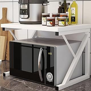 2-Tier Microwave Oven Rack with Shelf for Kitchen, Heavy Duty Kitchen Counter Top Organizer, Wooden Baker’s Rack with Metal Frame White