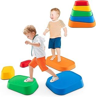 Kids Balance Stones, Toddler Stepping Stones with Non-slip Bottom, Promote Coordination, Balance and Strength, 5-Pieces Hilltops River Stones Set