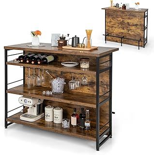 COSTWAY 2-in-1 Industrial Kitchen Island, 4-Tier Bar Table Sideboard with 3 Open Shelves, Wine Rack, Stemware Holders & Footrest, Wine Cabinet Storage Organizer for Home Pub (Rustic Brown)