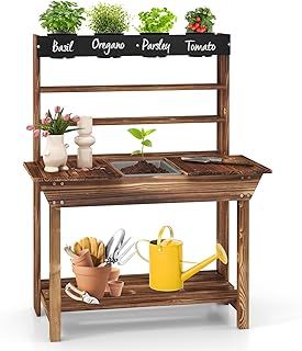 Kids Mud Kitchen, Children Potting Bench Table with Removable Sink & Storage Shelves, Outdoor Wooden Toy Gardening Center for for 3-7 Years Old (71x41x92cmwith Chalkboard & 4 Flower Pots)
