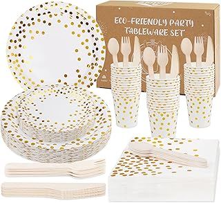 Paper Plates and Napkins, Disposable Plates, 200 Pcs Paper Plates Cups and Cutlery Set for Wedding Christmas Picnic Set Including Plate, Spoon, Fork, Knife, Drinking Cups, Napkins