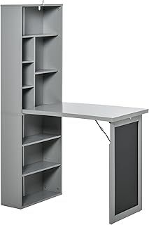 HOMCOM Wall Mounted Computer Desk, Folding Study Table with Black Board and Bookshelf, Multifunctional Floating Writing Desk for Home Office, Grey