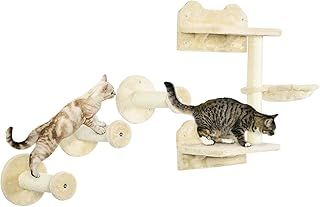 PawHut 4 Piece Cat Shelves Wall Furniture Wall-Mounted Cat Tree for Indoor w/Hammock, Steps,Platforms, Scratching Post - Beige