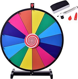 COSTWAY 18"/24" Color Prize Wheel, 14 Slots Fortune Roulette Spinning Game with Dry Erase, Metal Stand for Party Carnival Tradeshow (Rainbow, 24" Tabletop Stand)