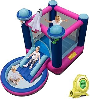 Inflatable Bouncy Castle, 3-in-1 Kids Bounce House with 480W Air Blower, Slide, Ball Pit Pool and Carrying Bag, Indoor Outdoor Blow up Playhouse for Lawn Yard Park