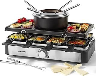 Salter EK4513 Electric Raclette Grill & Fondue - 2 In 1 Indoor Grill, 1.3L Chocolate Melting Pot, 6 Forks, Cheese Fondue Set, Adjustable Temperature Control, 8 Non-Stick Pans & Wooden Spatulas, 1400W