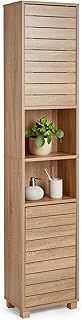 VonHaus Tall Bathroom Cabinet – Oak Wood Effect Bathroom Tallboy with Slatted Design - Tall Storage with 2 Handleless Cupboard Doors, 5 Internal & 2 Open Shelves - for Kitchen & Hallway - Chester