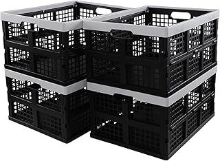 Afromy 4-Pack 30 L Plastic Folding Crate, Collapsible Storage Crates Basket, Storage Milk Crates, Black
