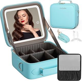 LAYADO Makeup Bag with Mirror, Travel Makeup Bag with LED Mirror, Cosmetics Organizer with Adjustable Compartment, for Women with Makeup Accessories
