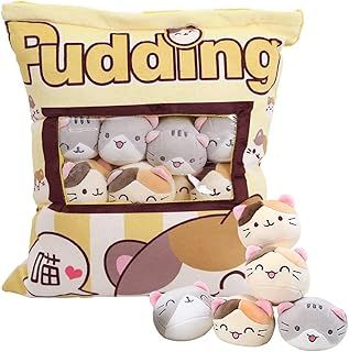 HXPLN Cute Snack Pillow Cat Plush Pillow, Pudding Cat Pillow with Kitty Dolls, Removable Stuffed Animal Toys Creative Gift for Teenagers, Girls, Children (8 Yellow Kittens)