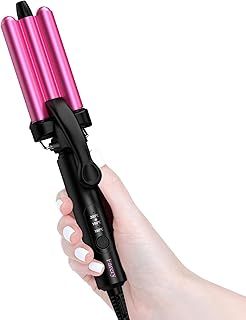 FARERY 3 Barrel Hair Waver 3 Temperature Adjustable, Mini Curling Iron for Short Hair, Hair Crimper for Women Beach Waves, 3 Barrel Hair Curler 1/2 Inch Travel Size, Dual Voltage, Pouch Bag