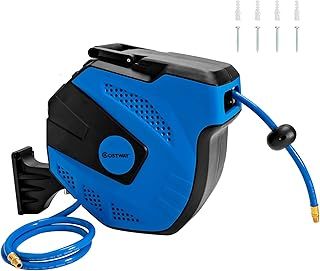 COSTWAY Hose Reel, Automatic Rewind Wall-Mounted Compact Reel with Locking Ball, Brass Connector and 180 Degrees Swivel Bracket, 150 PSI Windpipe Retractable Air Reel