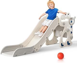 Lischwert Kids Slide 4 in 1 Toddler Slide Freestanding, Dinosaur Shape Slide Set with Basketball Hoop, Hoop Toy, Slide, Climbing Frame, Perfect for Toddler Christmas, Birthday Gift (Beige-gray 4-in-1)