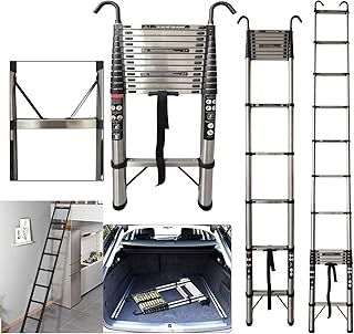 Telescopic Ladder 16.4FT/5M Multi-Purpose Folding Steel Telescoping Ladder with Stabilizer Bar & Detachable Hooks, Extendable Portable Loft Ladder, Black+sliver