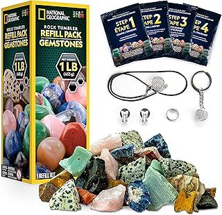NATIONAL GEOGRAPHIC Rock Tumbler Refill – 453g Mix of Rough Gemstone Rocks for Rock Polishers, Includes 5 Jewellery Fastenings and Rock Polishing Grit, Works with All Rock Tumblers