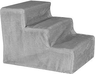lionto Pet staircase with plush cover, 46x36x34 cm, robust dog staircase with low step height of 10 cm, easy on the joints, cover removable & washable, can be loaded up to 50 kg, light grey