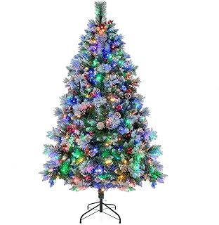 COSTWAY 6ft/7ft Pre-Lit Christmas Tree, Hinged Xmas Trees with 11 Lighting Modes, LED Lights, Snowy PVC Tips, Pine Needles, Red Berries, Pinecones, Holiday Decorative Artificial Tree for Home Office