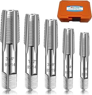 5-Piece BSP Pipe Tap Set, 1/8", 1/4", 3/8", 1/2", 3/4" ¾” BSP Tap Set Carbon Steel Hand Threading Plumbing Tap Set for Accurate Threads, Assorted Plumbers Mechanics DIY Thread Cutting Tools