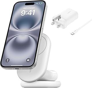Belkin BoostCharge 2-in-1 magnetic foldable Qi2 charger 15W, MagSafe compatible wireless charger, fast charger for iPhone 16, 15, 14, 13, 12, charging station with non-slip base, PSU Included - White