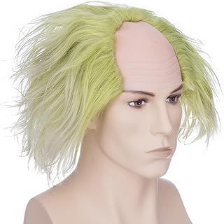 Yamel Mens Wig Synthetic Short Bald Wig Cospaly Beetle Juice Green Fluffy Halloween Fancy Dress Costume Wigs for Unisex