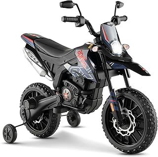 GYMAX Kids Electric Motorbike, 12V Aprilia Licensed Battery Powered Ride on Motorcycle with Training Wheels, Music, USB, Wireless Function & light, Children Dirt Motor Bike for 3-8 Years Old (Blue)