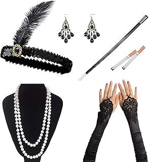 Yeestone 1920s Accessories Flapper Set 7pcs kits for Women Gatsby Costume Accessories with Feather Headband Gloves Necklace Black Cigarette Holder