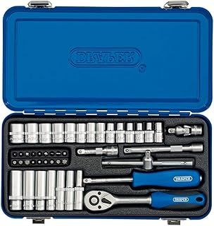 Draper 1/4" 45 Piece Square Drive Metric Socket Set | Micrometre Reversible Hand Tool |Soft Grip Ratchet | 12 Metrics Sockets Mechanics Car Tools | Metal Storage Case | Hex Bit Adaptor | 16365