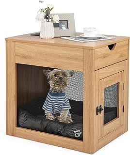 COSTWAY Wooden Dog Crate, Furniture Style Puppy Cage End Table with Wireless Charger, Drawer, Lockable Door and Soft Cushion, Indoor Pet Kennel for Small Dogs, 63 x 49 x 62cm (Brown)