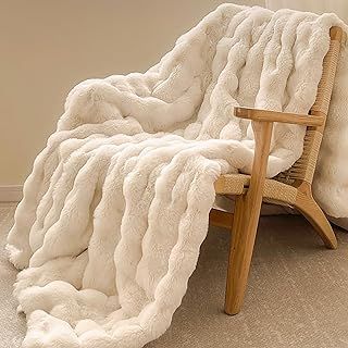 Faux Rabbit Fur Throw Blanket, Luxury Soft Warm Bubble Blanket for Bed, Couch, Sofa, Beige, 127 X 152 CM