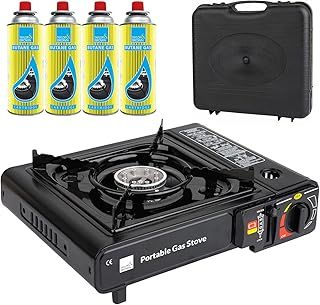 Taylor & Brown Black Portable Camping Stove with Cary Case & 4 Butane Gas | EN417 Compliant Premium Camping Stove Gas Portable | with Automatic Ignition & Heat Control