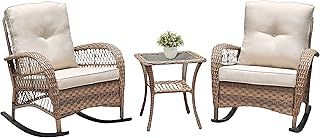 ATR ARTTOREAL 3-Pieces Garden Rocking Bistro Set,Patio Rattan Conversation Furniture Set with PE Resin Hand-woven Wicker,Set of 2 Rocking Chairs and Tempared Glass Coffee Table