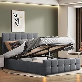 Upholstered Ottoman Bed, 4ft Small Double Bed Frame UKFR Velvet Dark Grey Ottoman Storage Bed With Gas Lift End Opening Wooden Slats With Storage Bed (4ft Small Double, No Mattress)