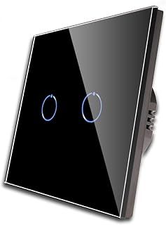 CNBINGO Double Dimmer Switch for LED Lights, Black Touch Light Switch, No Neutral Wire Required, Tempered Glass Panel with LED Backlight, 2-Gang 1-Way, AC 240V 500W