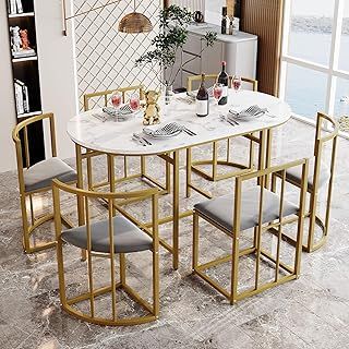 Table and Chairs, Dining Table and Chairs Set 6(7 Pieces), White Tabletop, Chair with Backrest and Grey Cushion, Modern Dining Table Combination for Dining Room (Gold)