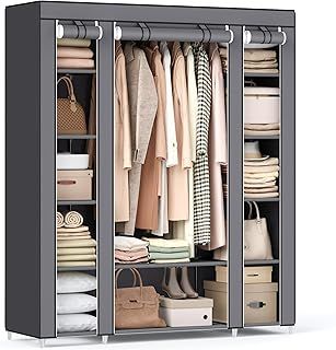 SONGMICS Fabric Wardrobe, Portable Wardrobe for Bedroom, Clothes Rail with Non-Woven Fabric Cover, Clothes Storage Organiser, 45 x 150 x 175 cm, 12 Compartments, Metal Frame, Grey LSF03G