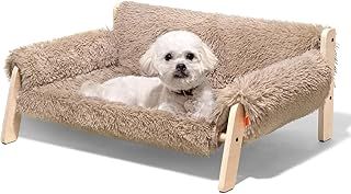 MEWOOFUN Cat Bed Sofa Wooden, Sturdy Fluffy Cat Couch Bed Dog Beds for Cats and Small Dogs Pet Furniture Elevated with Removable Mattress Cover (Brown, 70x53x30cm)