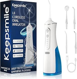 Keepsmile Water Flossers for Teeth Cordless,Portable Oral Irrigator 4 Modes,IPX7 Waterproof,300ML 4 Jet Tips USB Rechargeable Teeth Water Jet Cleaner,Water Dental Flosser at Home/Travel Size:239mm